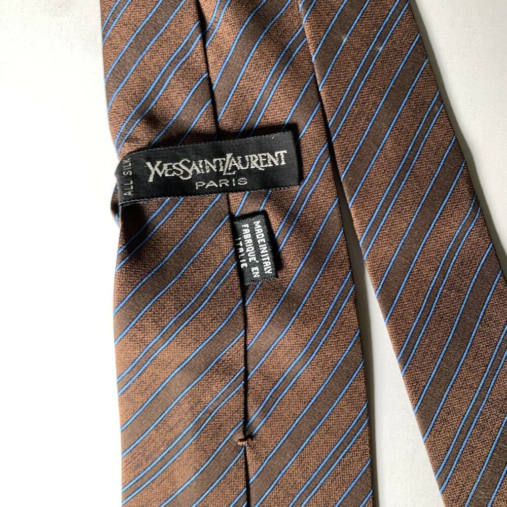 YVES SAINT LAURENT Brown Blue Diagonal Stripe Silk Tie - Picture 3 of 3